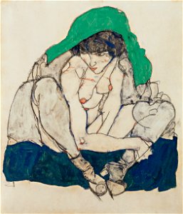 Egon Schiele - Crouching Woman with Green Headscarf - Google Art Project. Free illustration for personal and commercial use.