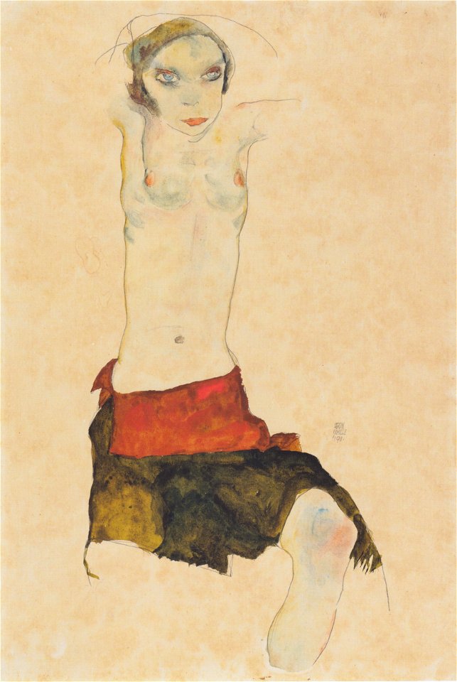 Egon Schiele - Halbnacktes sitzendes Mädchen - 1911