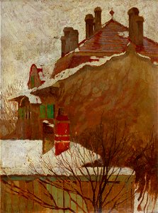 Egon Schiele - Häuser im Winter (Blick aus dem Atelier) - 5493 - Österreichische Galerie Belvedere. Free illustration for personal and commercial use.
