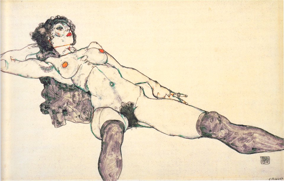 Egon Schiele - Liegender weiblicher Akt mit gespreizten Beinen - 1914