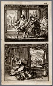 Eglon in zijn paleis doorstoken door Ehud, Jaël doodt Sisera in haar tent, objectnr A 48054