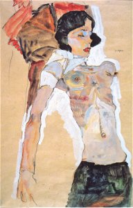 Egon Schiele - Liegendes, halbbekleidetes Mädchen - 1911