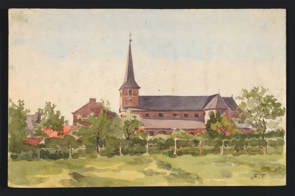 Eglise de village vue sur son flanc droit derrière une haie clôturée, pré à l'avant-plan drawing by Jean-François Taelemans, R-2009-26324, Prints Department, Royal Library of Belgium