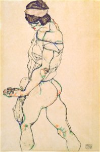 Egon Schiele - Nach links schreitender Frauenakt - 1914