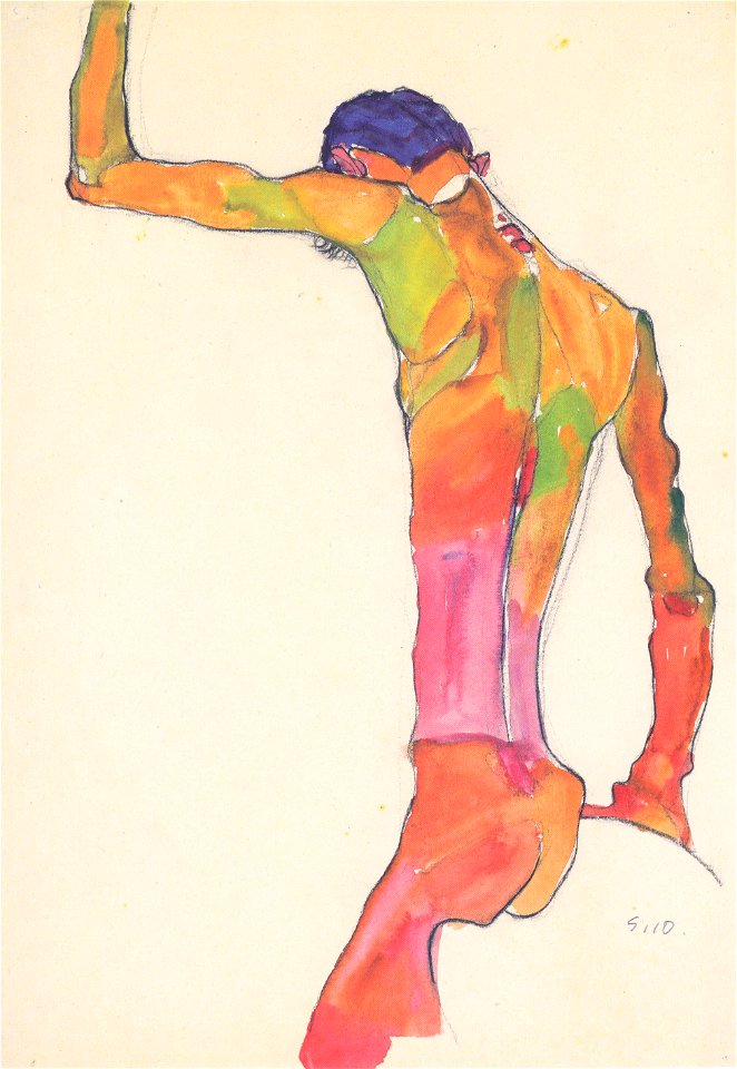 Egon Schiele - Männlicher Akt mit erhobenem Arm - 1910