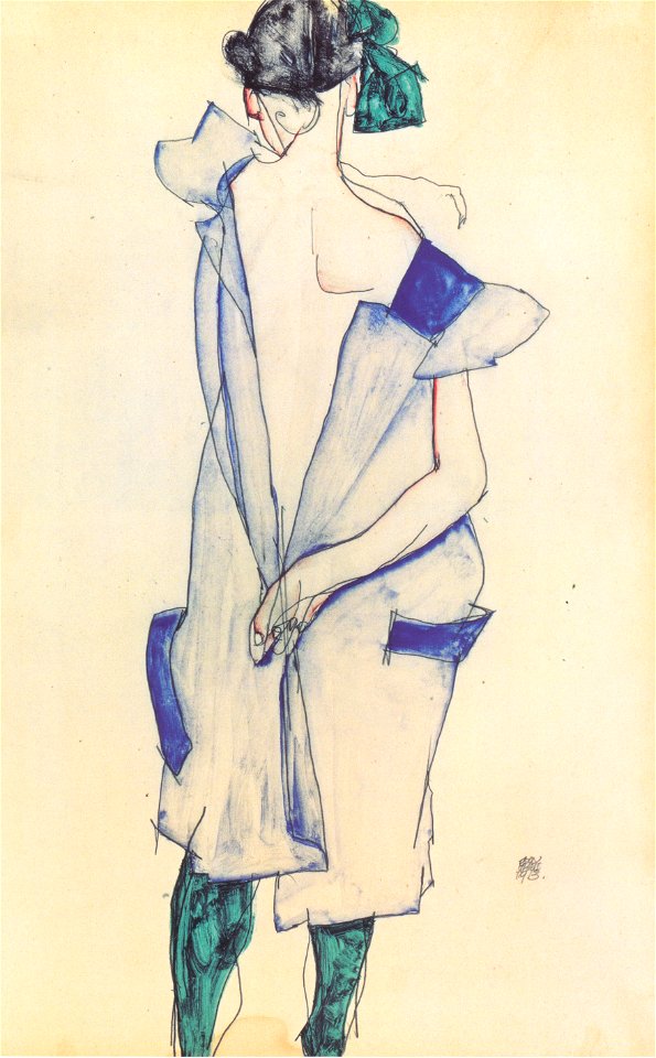 Egon Schiele - Rückenansicht eines Mädchens im blauen Rock - 1913