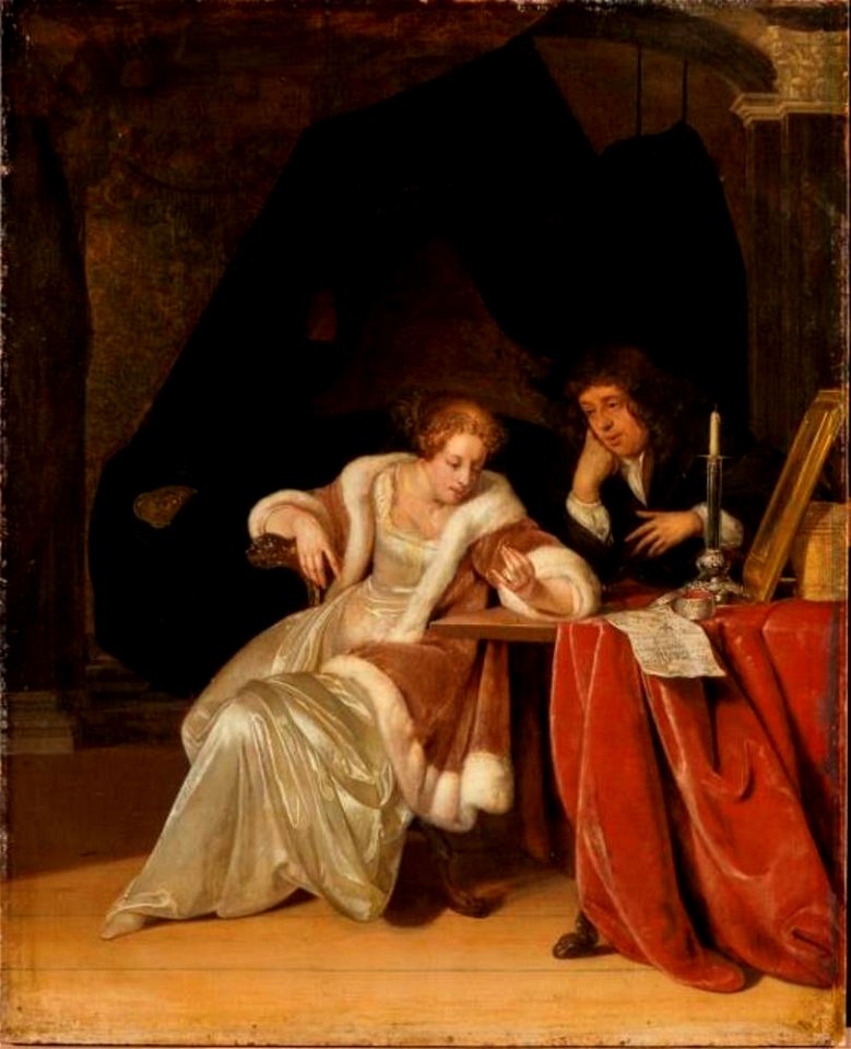 Eglon van der Neer en Adriaen van der Werff - Jonge vrouw die een ring bekijkt en jonge man in een interieur - ГЭ-1066 - Hermitage Museum