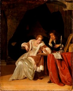 Eglon van der Neer en Adriaen van der Werff - Jonge vrouw die een ring bekijkt en jonge man in een interieur - ГЭ-1066 - Hermitage Museum
