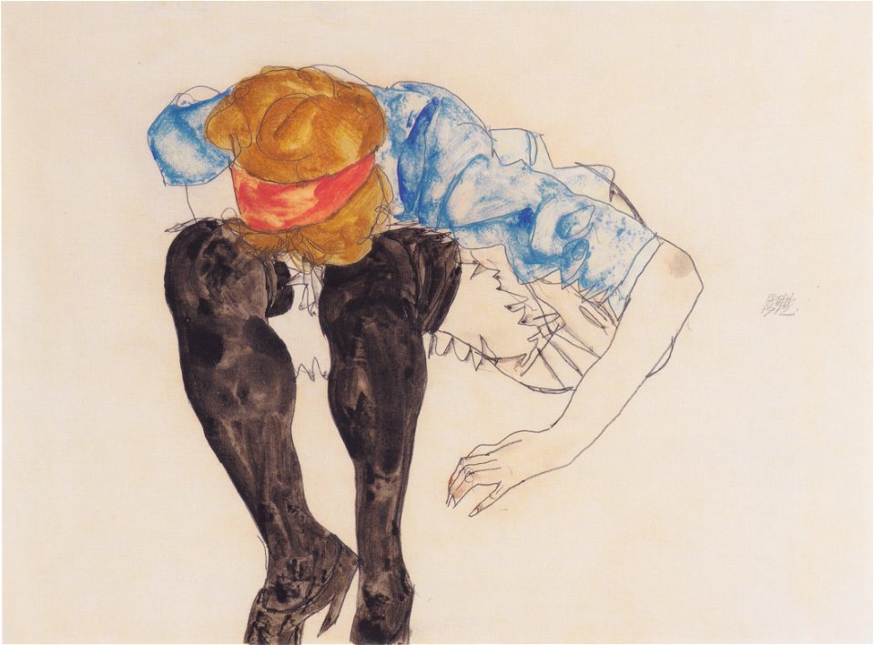 Egon Schiele - Blonde, vorgebeugt mit schwarzen Strüpfen - 1912