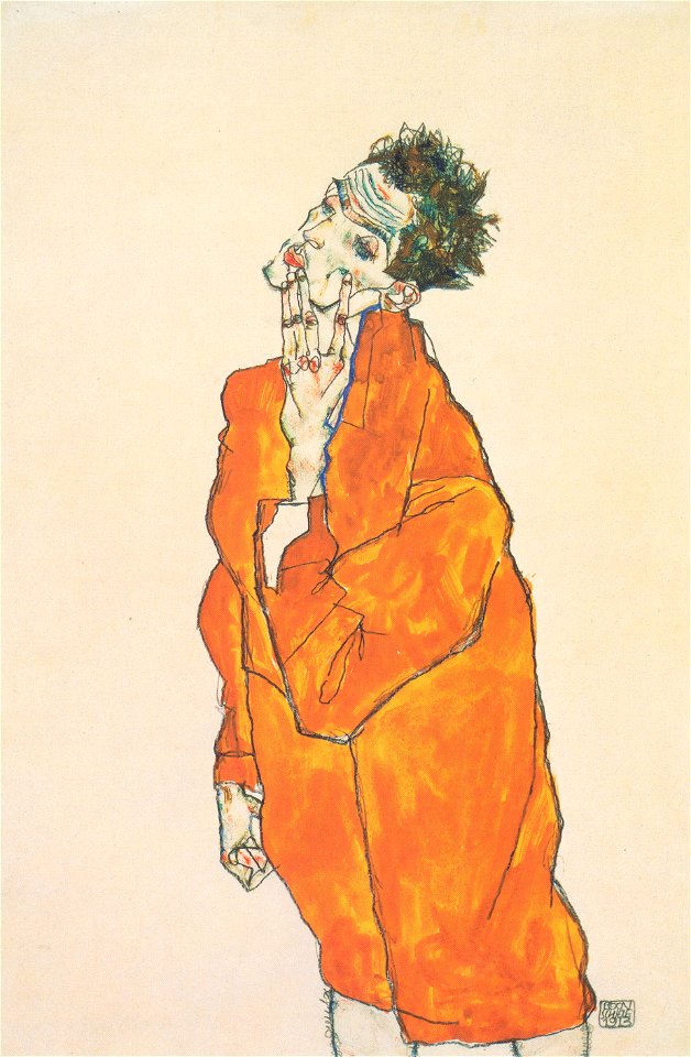 Egon Schiele - Selbstbildnis in oranger Jacke - 1913