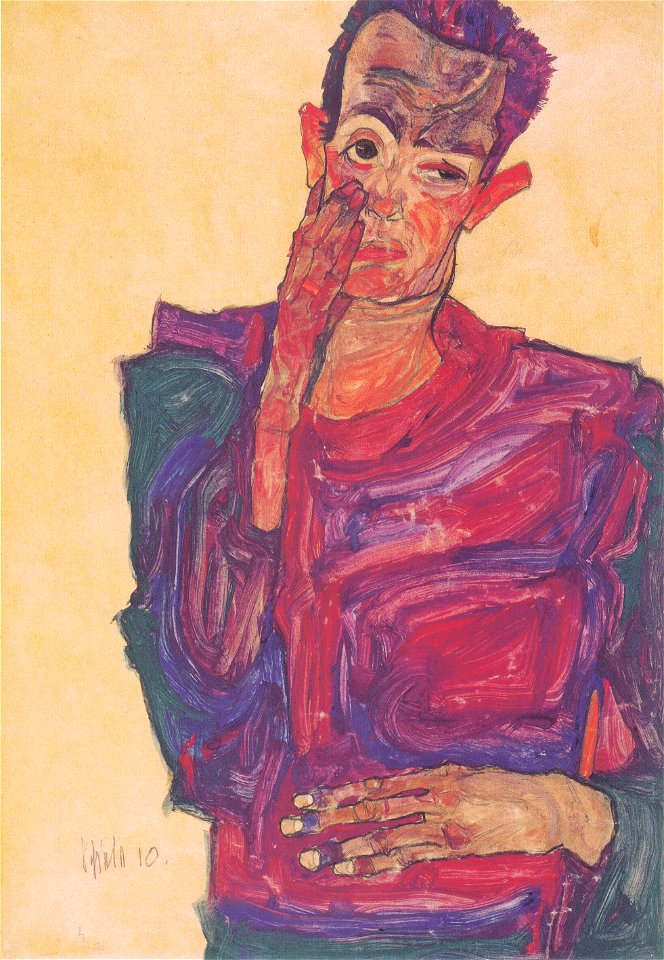 Egon Schiele - Selbstbildnis mit herabgezogenem Augenlid - 1910