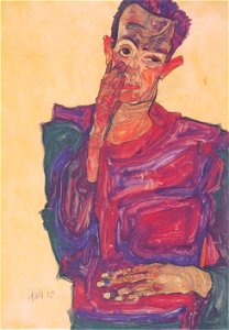 Egon Schiele - Selbstbildnis mit herabgezogenem Augenlid - 1910