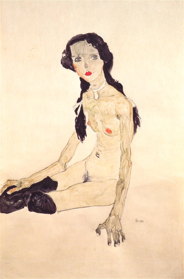Egon Schiele - Sitzendes Mädchen mit Pferdeschwanz - 1910