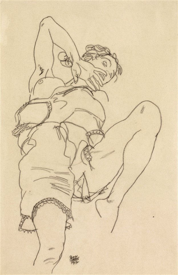 Egon Schiele - Frau in Unterwäsche, sich rückwärts lehnend (1917)