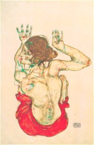 Egon Schiele - Sitzender weiblicher Rückenakt mit rotem Rock - 1914