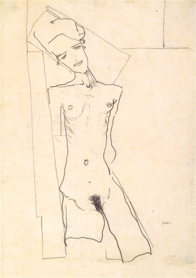 Egon Schiele - Stehender weiblicher Akt vor geometrischen Formen - 1911