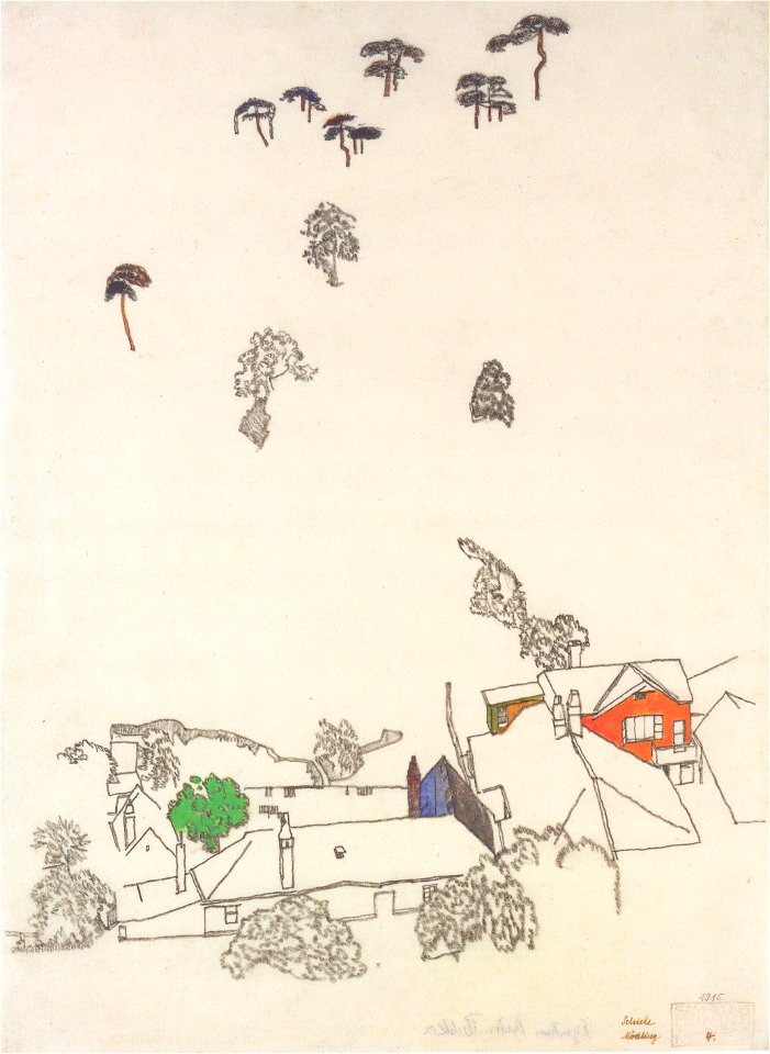 Egon Schiele - Häuser und Föhren bei Mödling - 1915