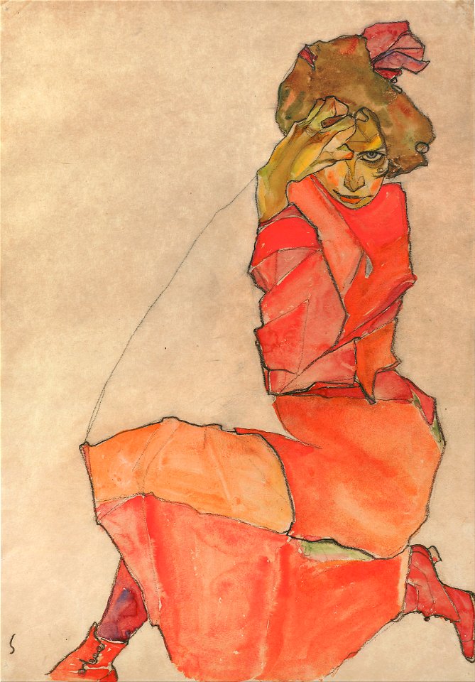 Egon Schiele - Kneeling Female in Orange-Red Dress - Google Art Project