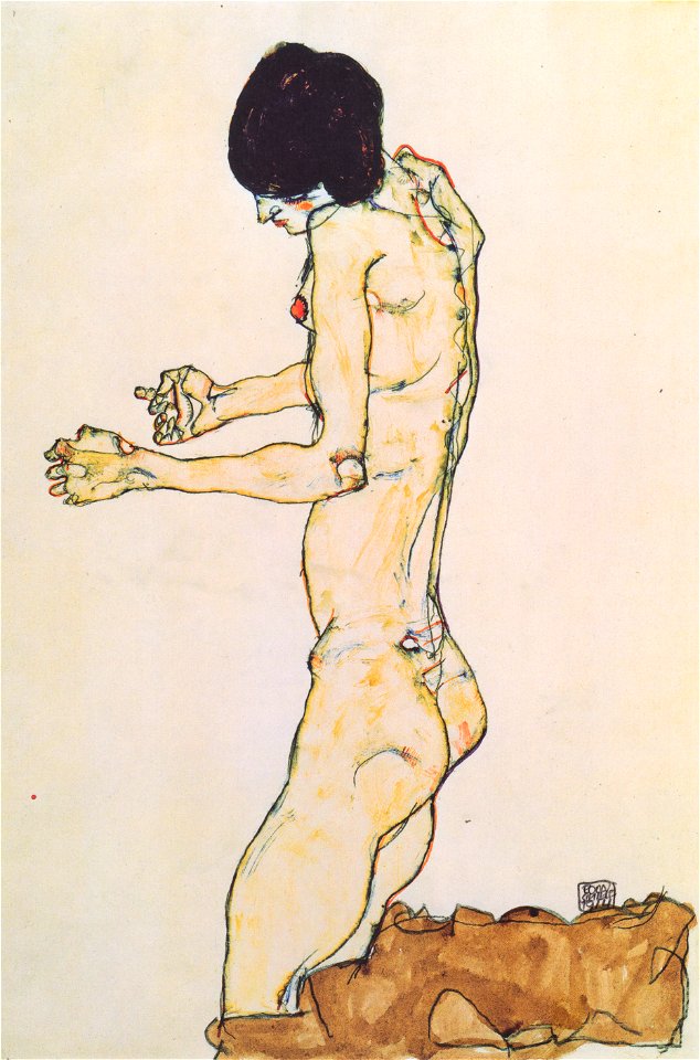 Egon Schiele - Kniender Frauenakt mit vorgestreckten Armen - 1914