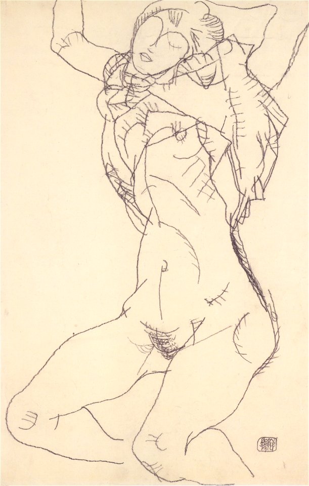 Egon Schiele - Liegender Halbtakt mit erhobenen Armen - 1914