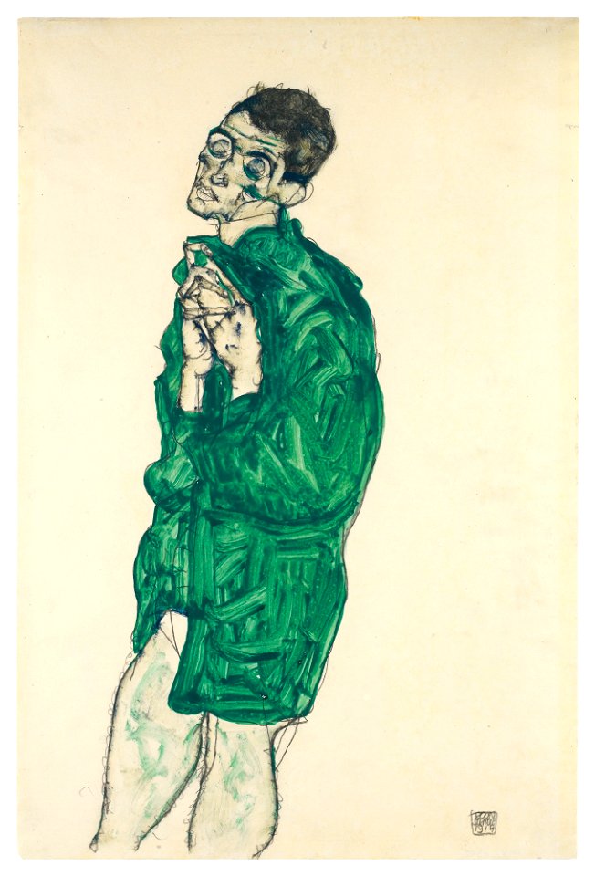 Egon Schiele - Selbstdarstellung in grünem Hemd mir geschlossenen Augen