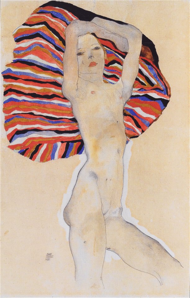 Egon Schiele - Mädchenakt gegen farbiges Tuch - 1911