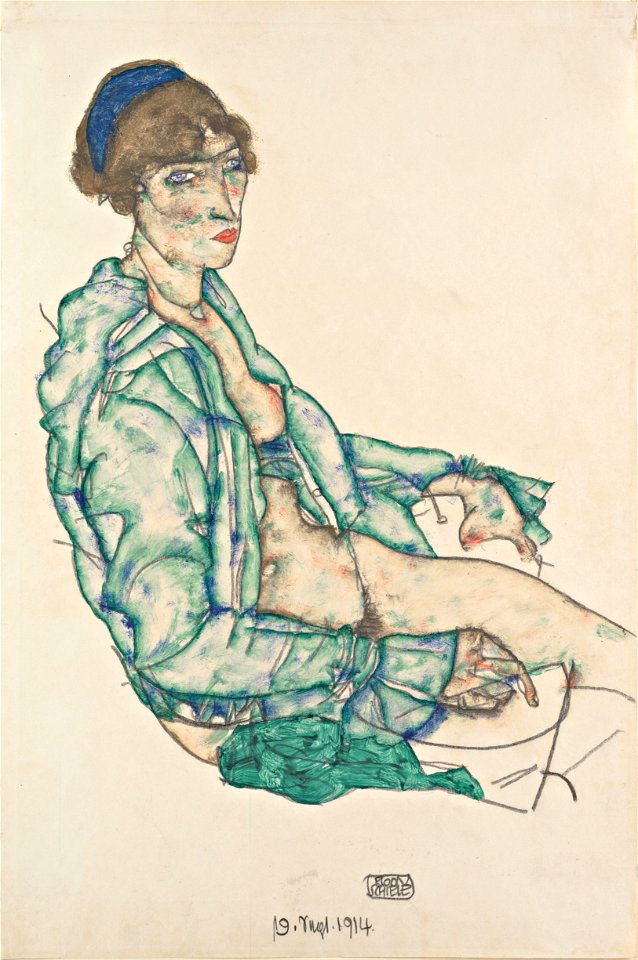 Egon Schiele - Sitting Semi-Nude with Blue Hairband - Google Art Project