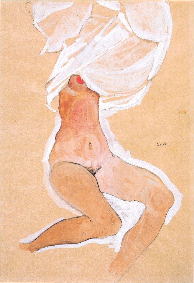 Egon Schiele - Sitzender Mädchenakt mit Hemd über dem Kopf - 1910