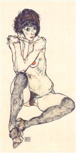 Egon Schiele - Sitzender weiblicher Akt mit aufgestützen Ellbogen - 1914