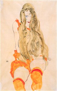 Egon Schiele - Sitzendes Mädchen mit herabfallendem Haar - 1912