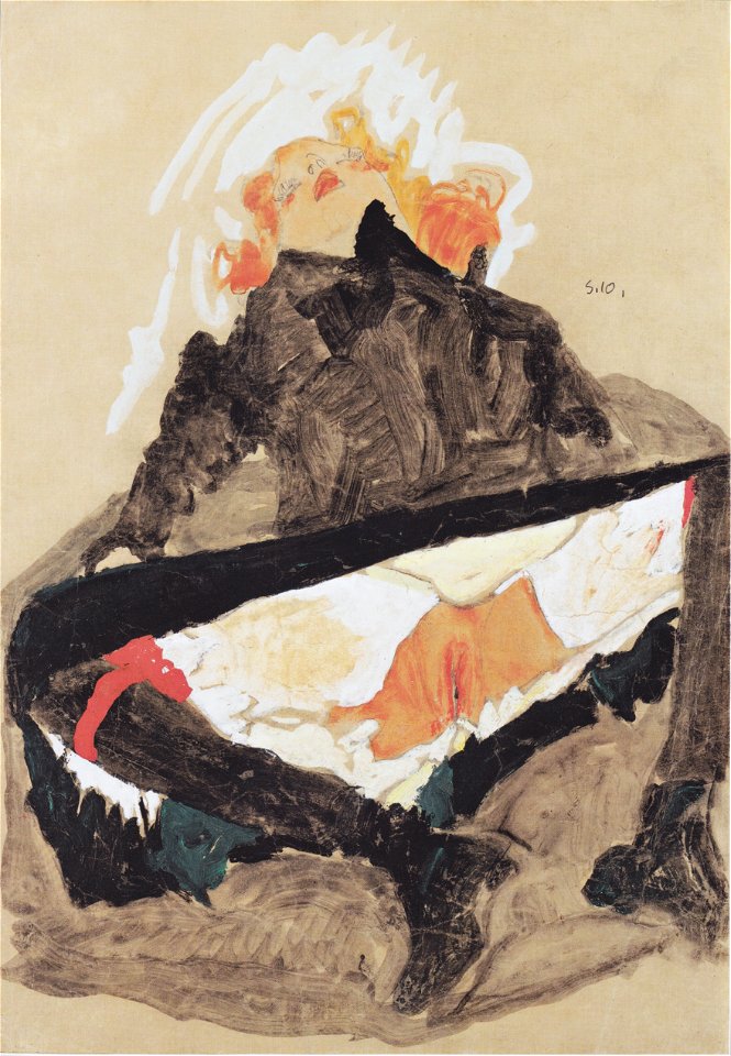 Egon Schiele - Rothaariges Mädchen in schwarzem Kleid mit gespreizten Beinen - 1910