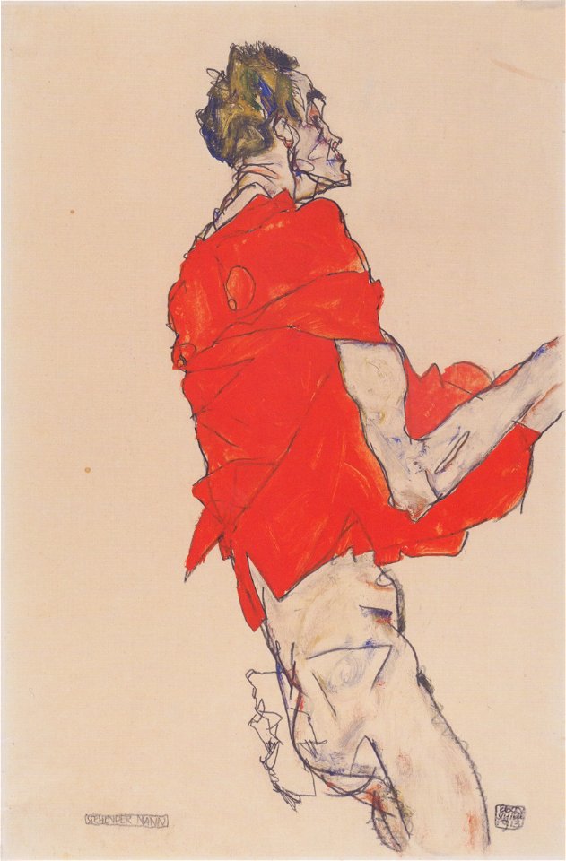 Egon Schiele - Stehender Mann (Selbstdarstellung in rotem Hemd) - 1913