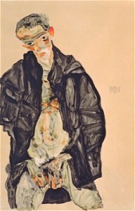 Egon Schiele - Selbstbildnis als Halbakt in schwarzer Jacke - 1911