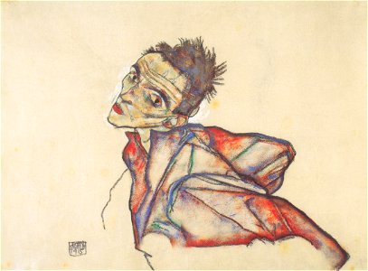 Egon Schiele - Selbstbildnis mit rückwärtsgehaltenen Armen - 1915. Free illustration for personal and commercial use.