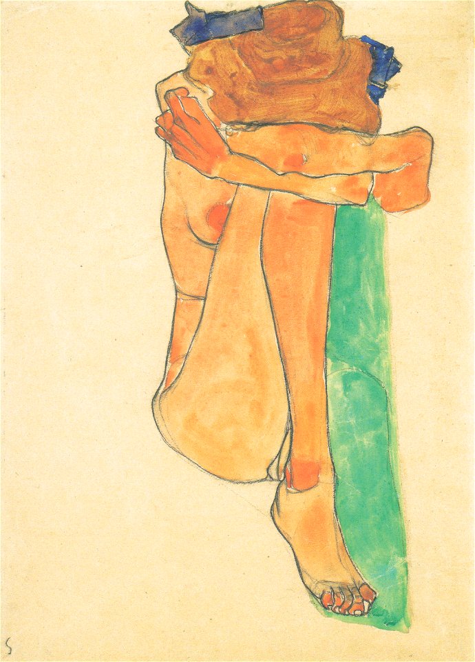 Egon Schiele - Weiblicher Akt mit grünem Polster - 1910