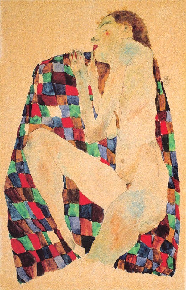 Egon Schiele - Weiblicher Akt auf kariertem Tuch - 1911