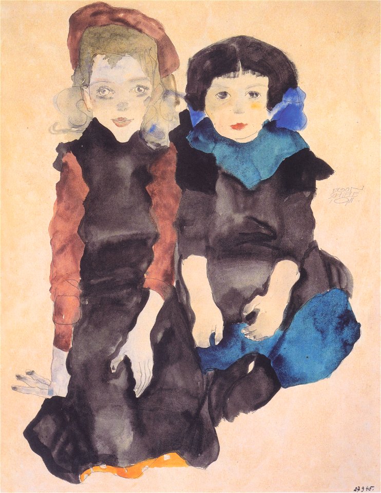 Egon Schiele - Zwei kauernde Mädchen - 1911