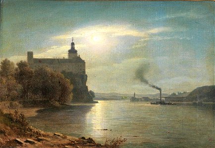 Eine Mondnacht an der Donau bei Schloss Persenbeug mit Dampfschiff