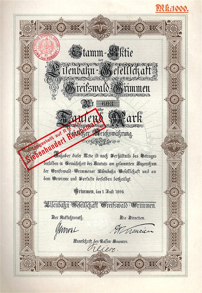Eisenbahn-Gesellschaft Greifswald-Grimmen 1000 Mk 1896