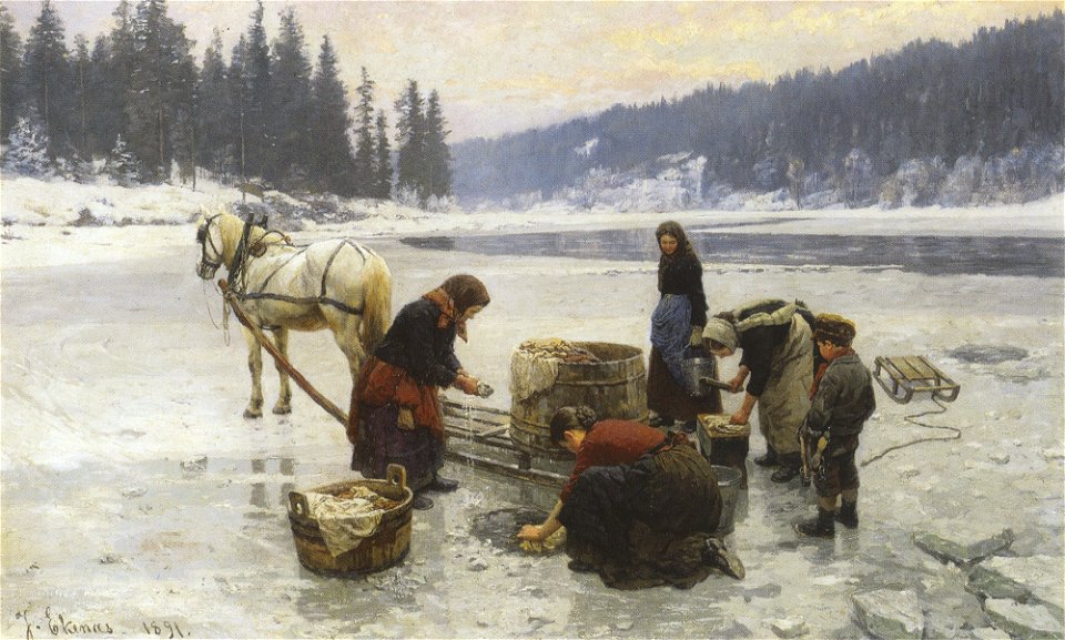 Jahn Ekenæs - Klesvask på islagt vann (1891)