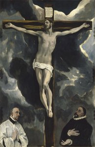 El Greco - Cristo en la cruz adorado por dos donantes (Musée du Louvre). Free illustration for personal and commercial use.