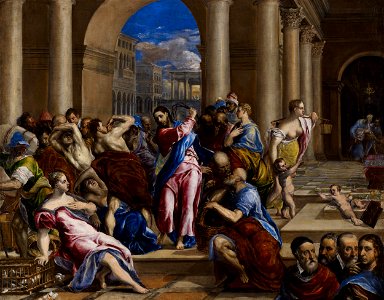 El Greco (Domenikos Theotokopoulos) - Christ Driving the Money Changers from the Temple - Google Art Project. Free illustration for personal and commercial use.