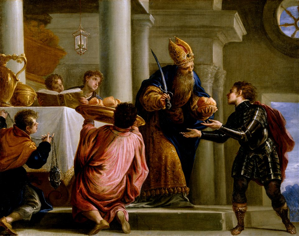 El sacerdote Ajimelec entrega el pan y la espada a David, por Juan Antonio de Frías