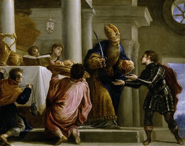 El sacerdote Ajimelec entrega el pan y la espada a David, por Juan Antonio de Frías