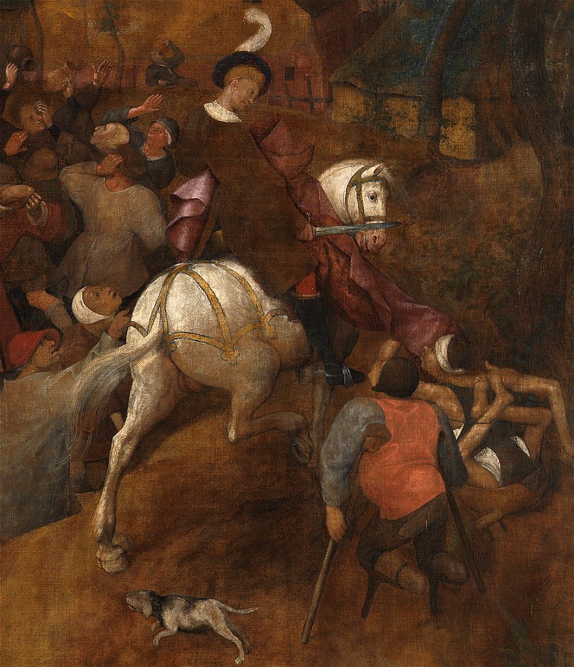 El vino de la fiesta de San Martín (Pieter Brueghel el Viejo) (restaurada) (cropped - Saint Martin dividing his cloak)