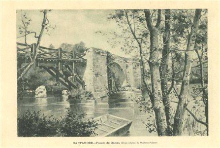 El Puente de Ganzo, published 22.11.1897 in La Ilustración Artística, by Mariano Pedrero. Free illustration for personal and commercial use.