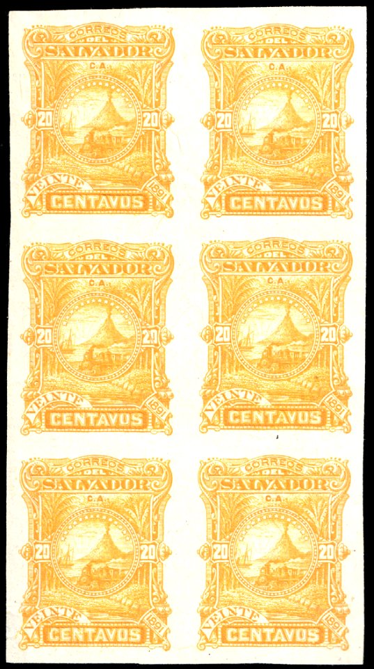 El Salvador 1891 20c Seebeck essay block of six