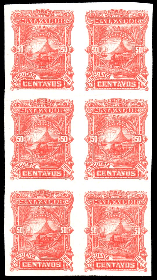 El Salvador 1891 50c Seebeck essay block of six