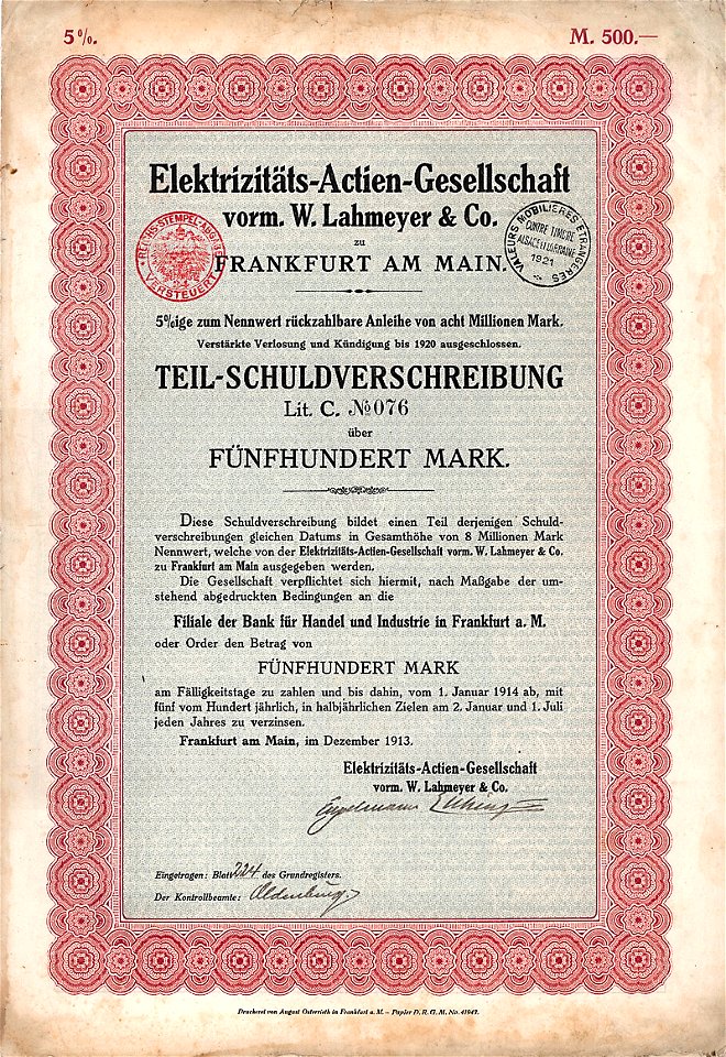 Elektrizitäts-AG 500 Mk 1913