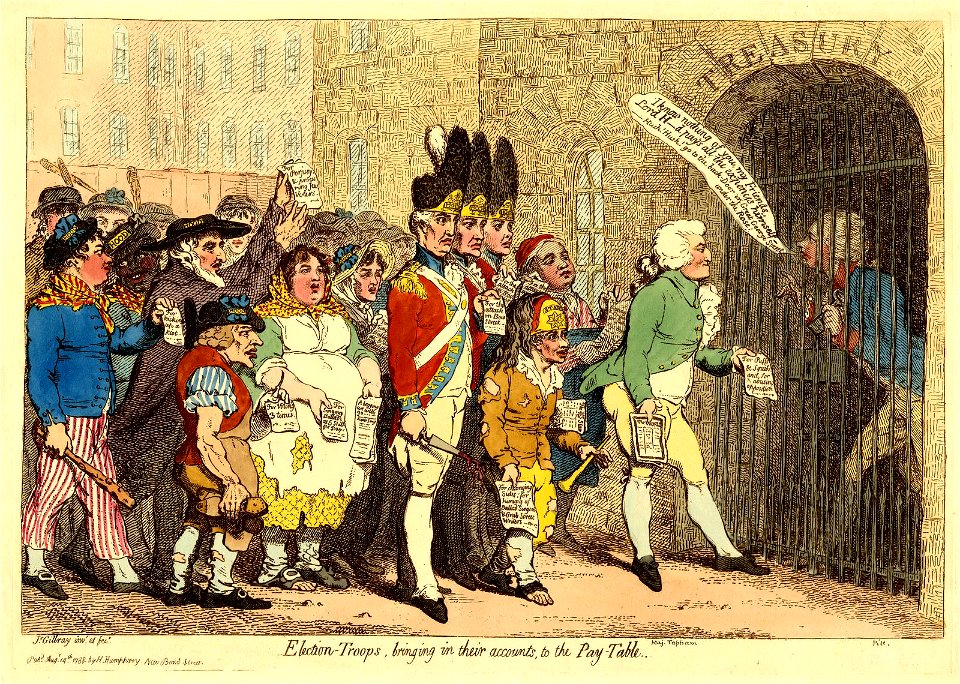Election-troops, bringing in their accounts, to the pay table. (BM 1868,0808.5782)